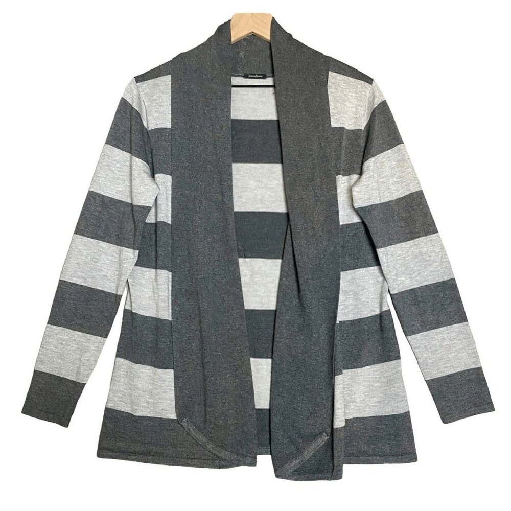 Neiman Marcus Gray Striped Open Front Knit Sweater Long Sleeve Size M
